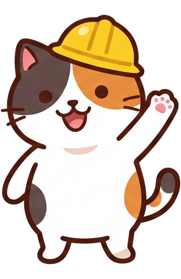 手を振っているマイク。黄色いヘルメットをかぶった三毛猫